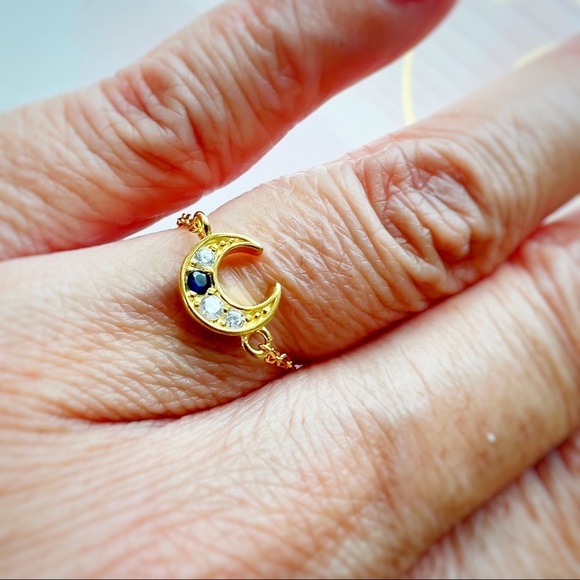 Jewelry - Lunar Crescent Moon Charm Blue Crystal CZ Adjustable Chain Ring Gold S925 Silver